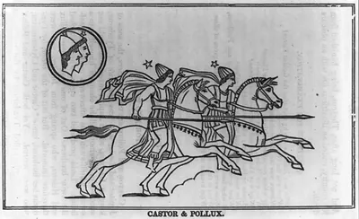 Castor and Pollux, the heavenly twins [on horseback with spears]