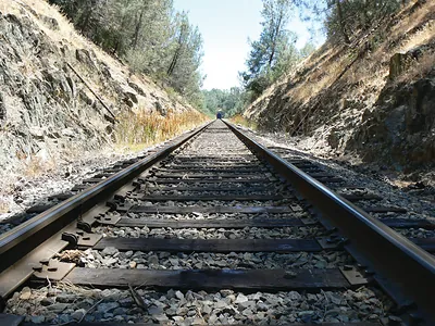Railway tracks running through a rocky, wooded cutting