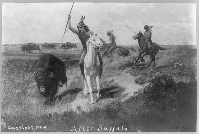 After Buffalo" - three Indians with spears on horseback chasing buffalo"