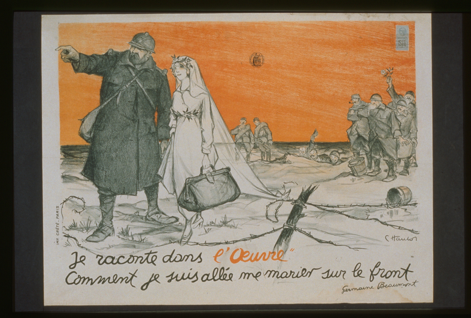 Je raconte dans l'Oeuvre: bride and soldier on the front, 1917 — historic image
