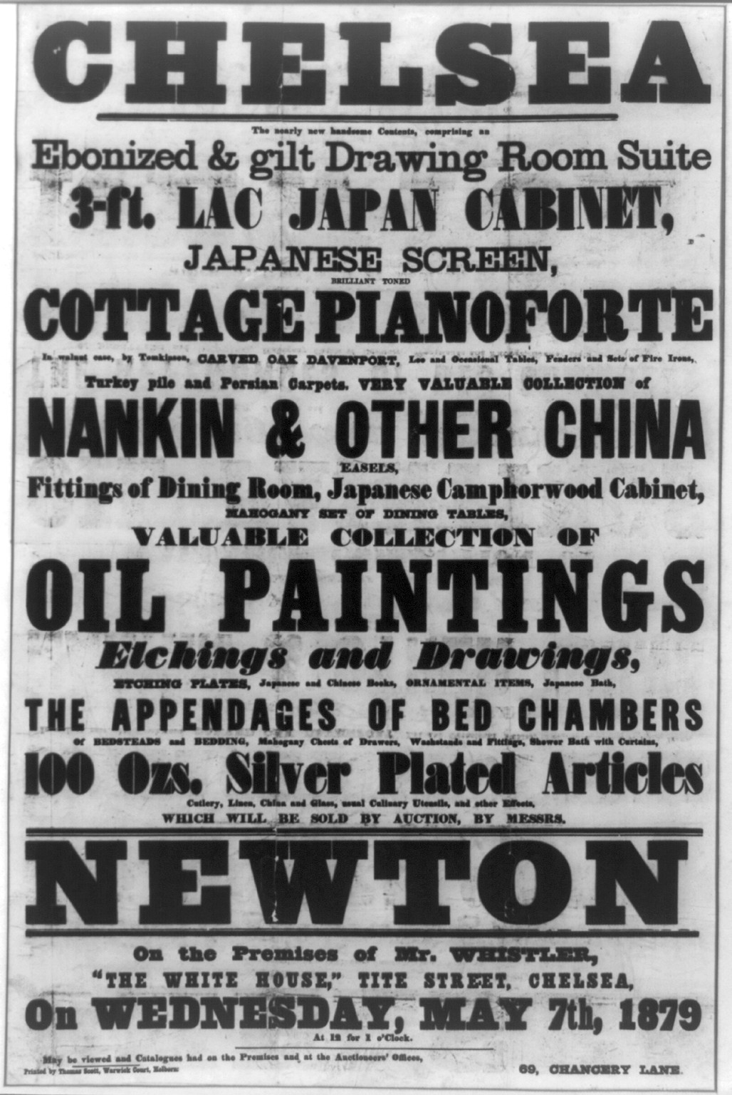 Chelsea, the nearly new handsome contents, comprising an ebonized & gilt drawing room suite ..., [London] : printed by Thomas Scott, 1879. — vintage poster
