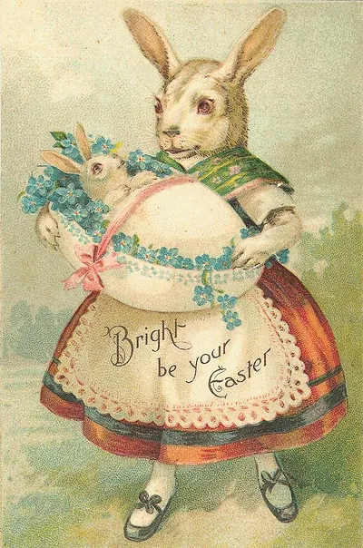 Rabbit in dress with egg and forget-me-nots, 'Bright be your Easter'