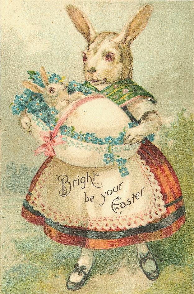 Rabbit in dress with egg and forget-me-nots, 'Bright be your Easter' — historic image