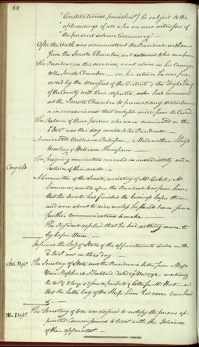 Handwritten manuscript page of Senate proceedings, numbered 68