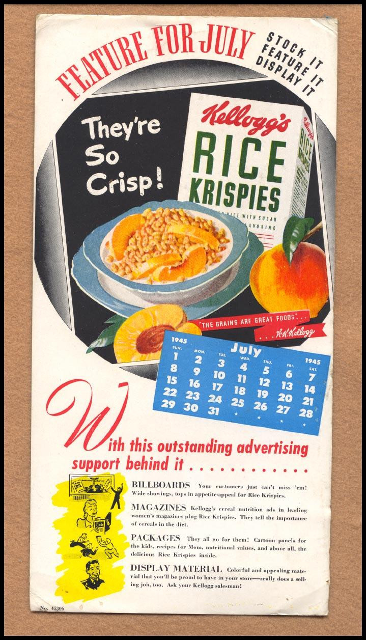 Kellogg's Rice Krispies July 1945 feature advertising sheet — historic image