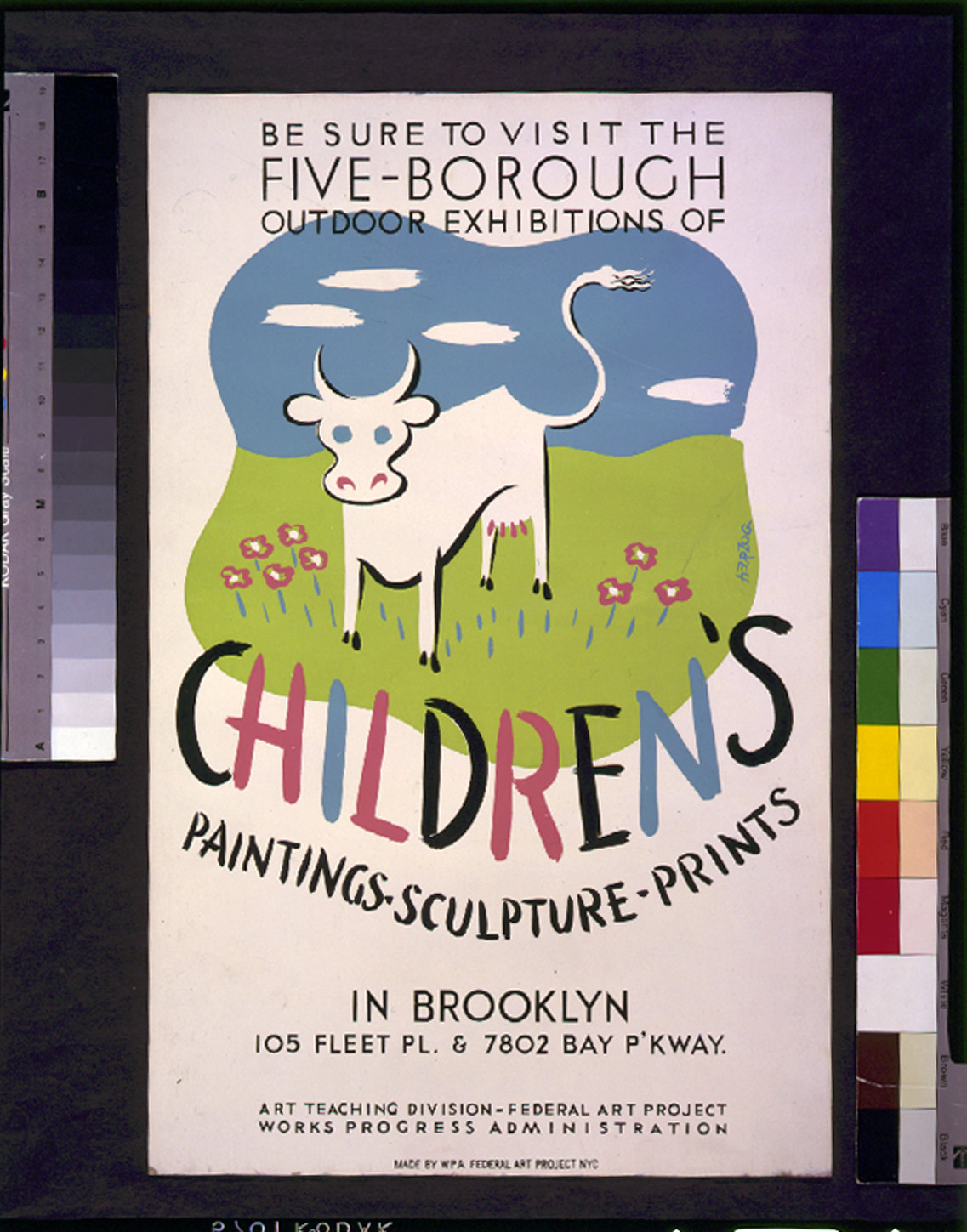 Be sure to visit the five-borough outdoor exhibitions of children's paintings, sculpture, prints, in Brooklyn / herzog., NYC : WPA Federal Art Project, [between 1936 and 1941] — vintage poster