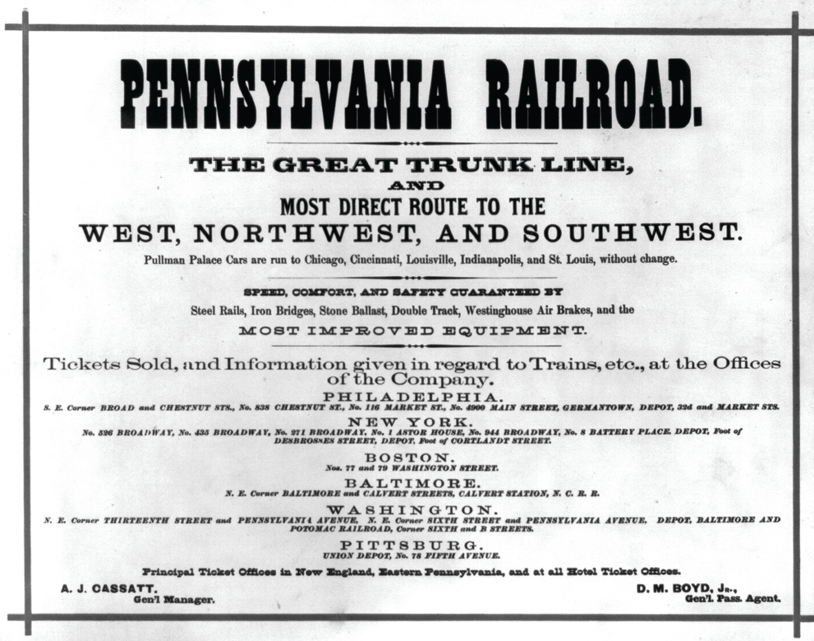 [Pennsylvania Railroad advertising material: general ad. listing services, ticket offices, and depots], c1874. — antique lithograph