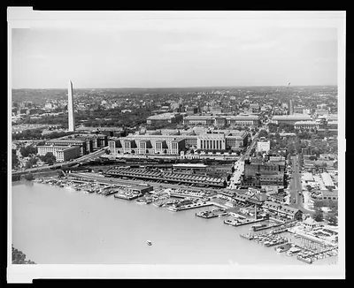 Aerial view of southwest waterfront with the Mall buildings in the background
