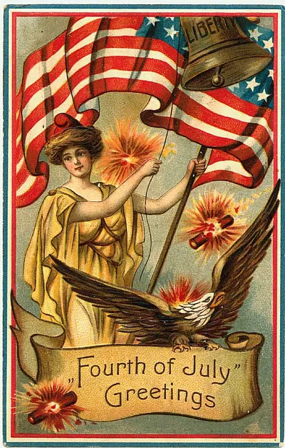 Fourth of July Greetings postcard with Liberty bell, flag and eagle