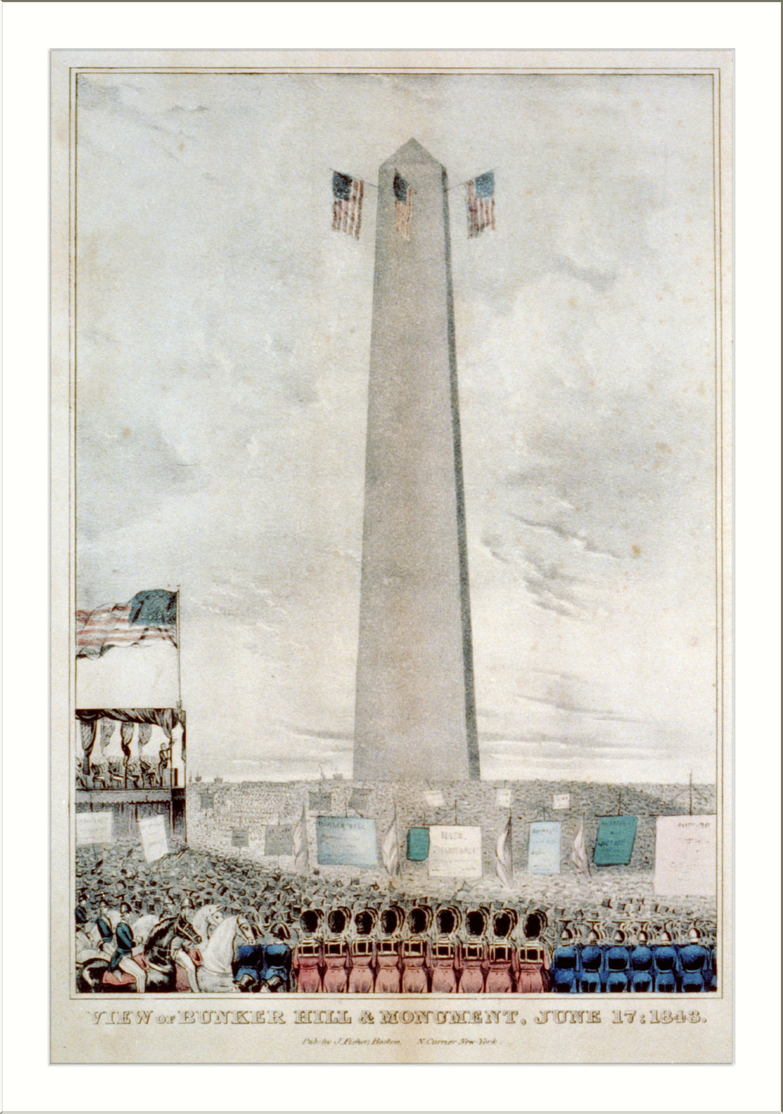 View of Bunker Hill & monument, June 17: 1843, New York : Published by J. Fisher and N. Currier, [between 1835 and 1856] — antique lithograph