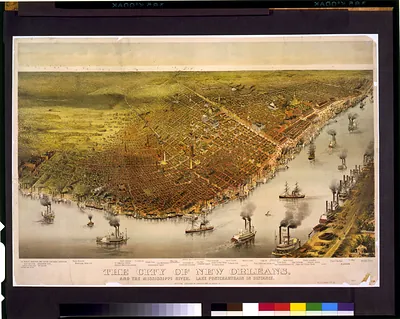 The city of New Orleans, and the Mississippi River Lake Pontchartrain in distance.