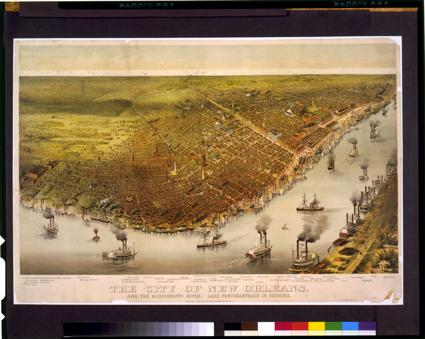 The city of New Orleans, and the Mississippi River Lake Pontchartrain in distance., New York : Published by Currier & Ives, c1885. — antique lithograph