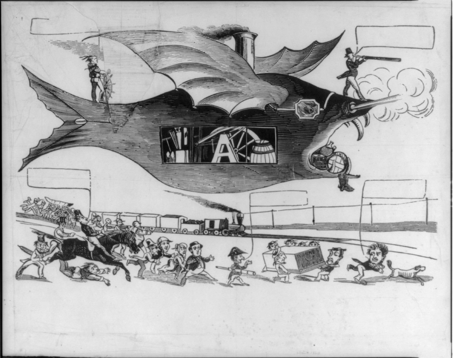 [Cartoon showing monstrous balloon competing with railroad train as a freight carrier] — historic print