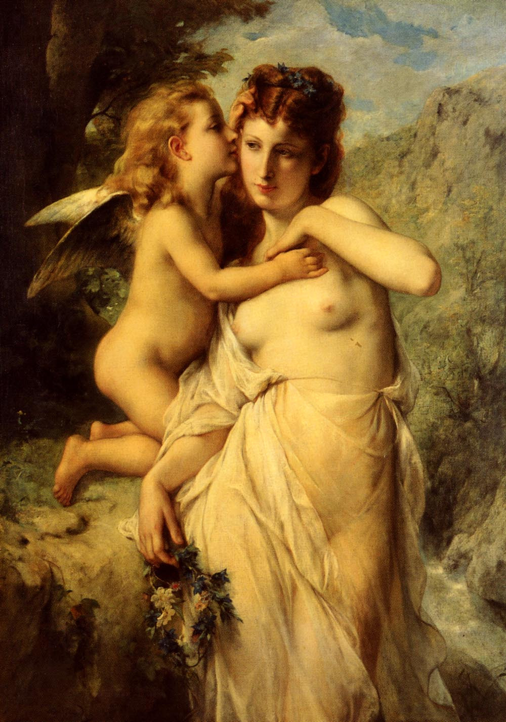 Winged cherub kissing a nude woman holding flowers — historic image