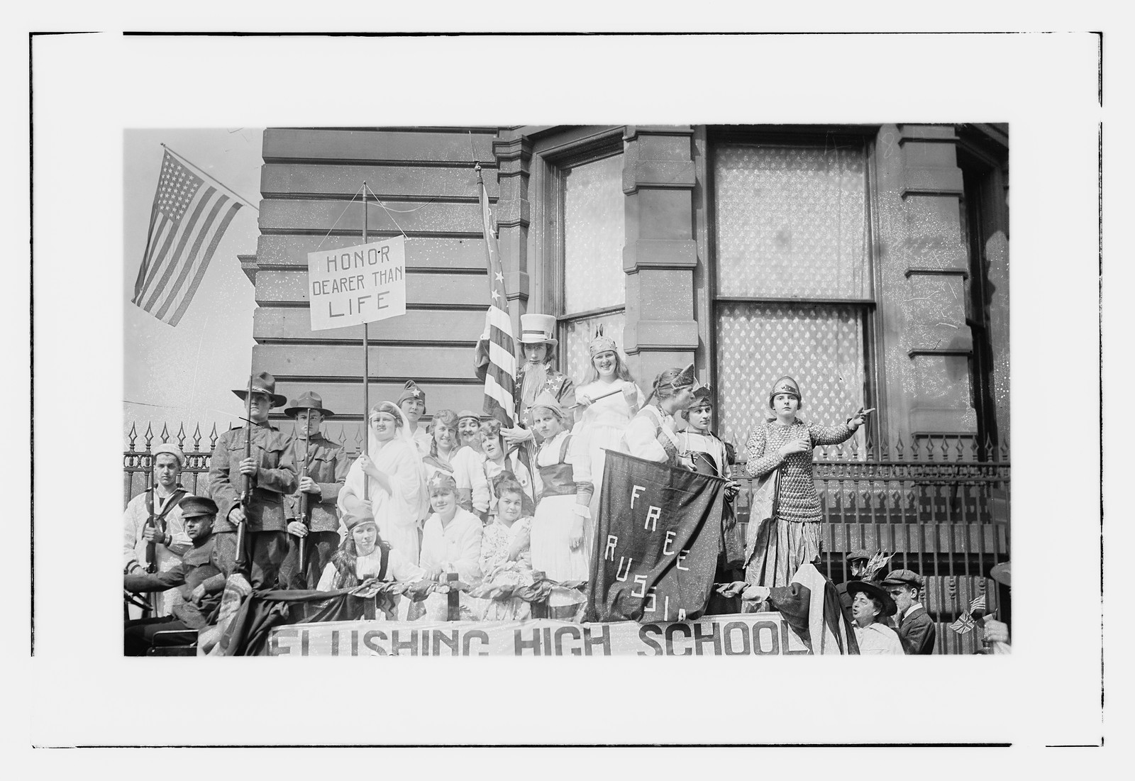 High School Float in "Wake Up" parade, n/a — historic photograph