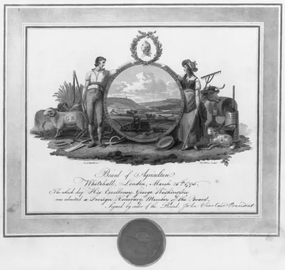 Board of Agriculture certificate admitting George Washington as Foreign Honorary Member, 1795