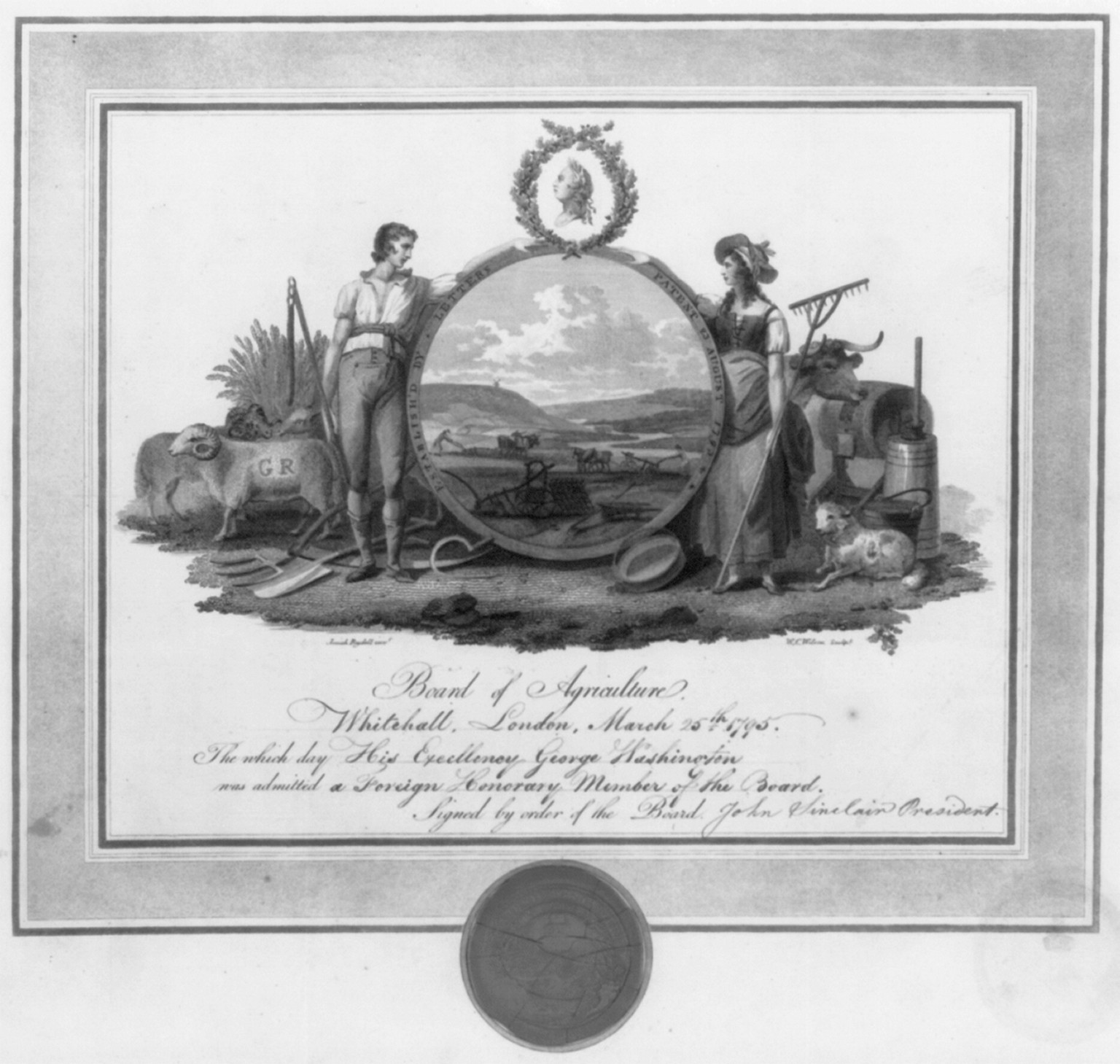 Board of Agriculture certificate admitting George Washington as Foreign Honorary Member, 1795 — historic image