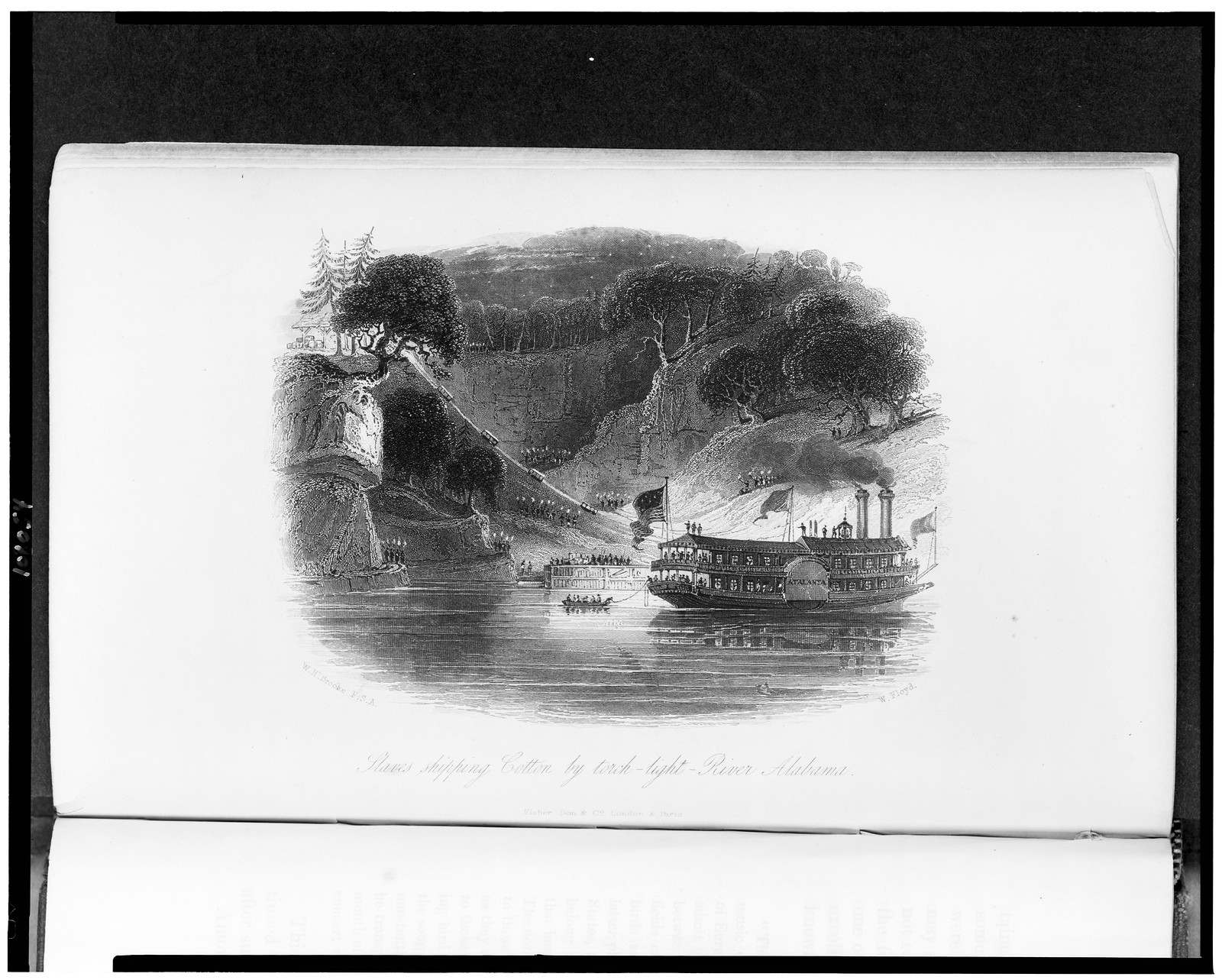 Slaves shipping cotton by torch-light - River Alabama / W.H. Brooke F.S.A. ; W. Floyd., [published 1842] — antique engraving