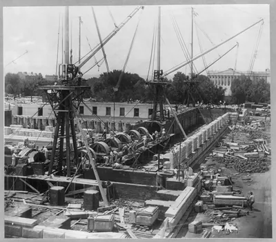 [Library of Congress foundation, 1889: overall view, with men working]