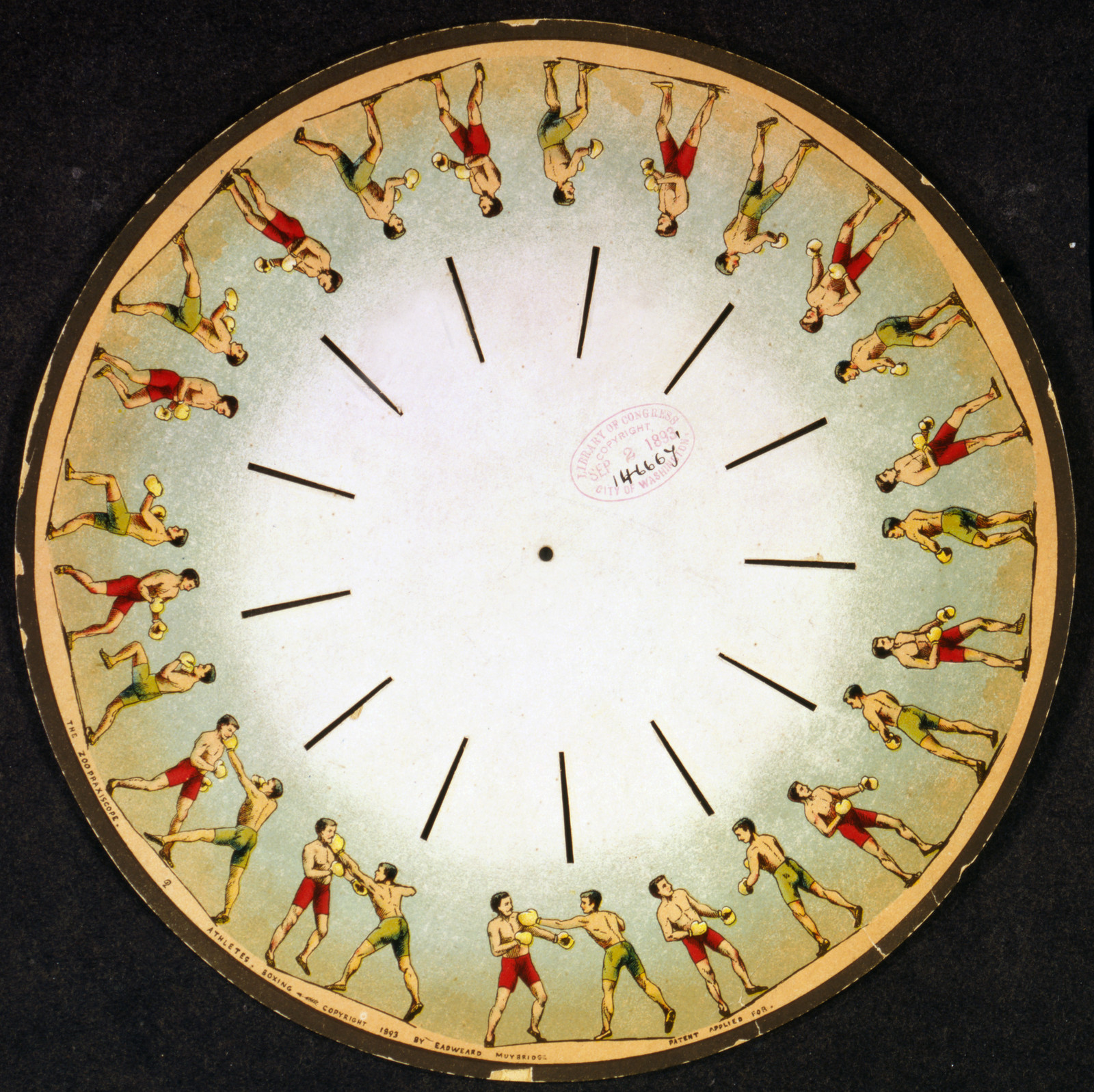 The zoopraxiscope--Athletes--Boxing, c1893. — antique lithograph