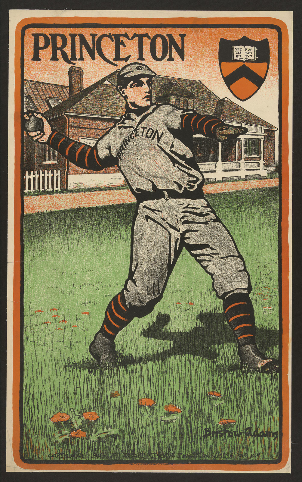 Princeton baseball pitcher poster, signed Bristow Adams — vintage poster