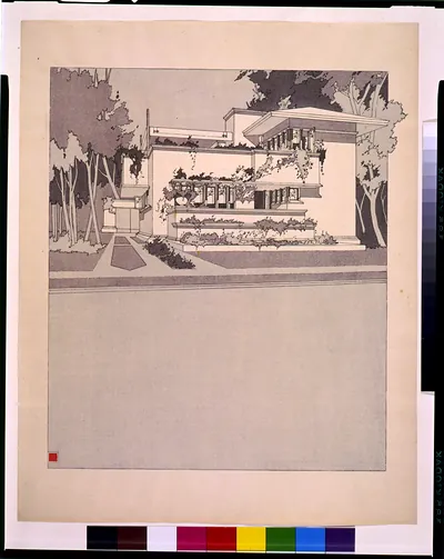 Architectural perspective drawing of a low prairie-style house among trees
