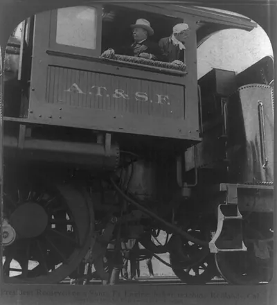 President Roosevelt on a Santa Fe engine before reaching Redlands Cal.