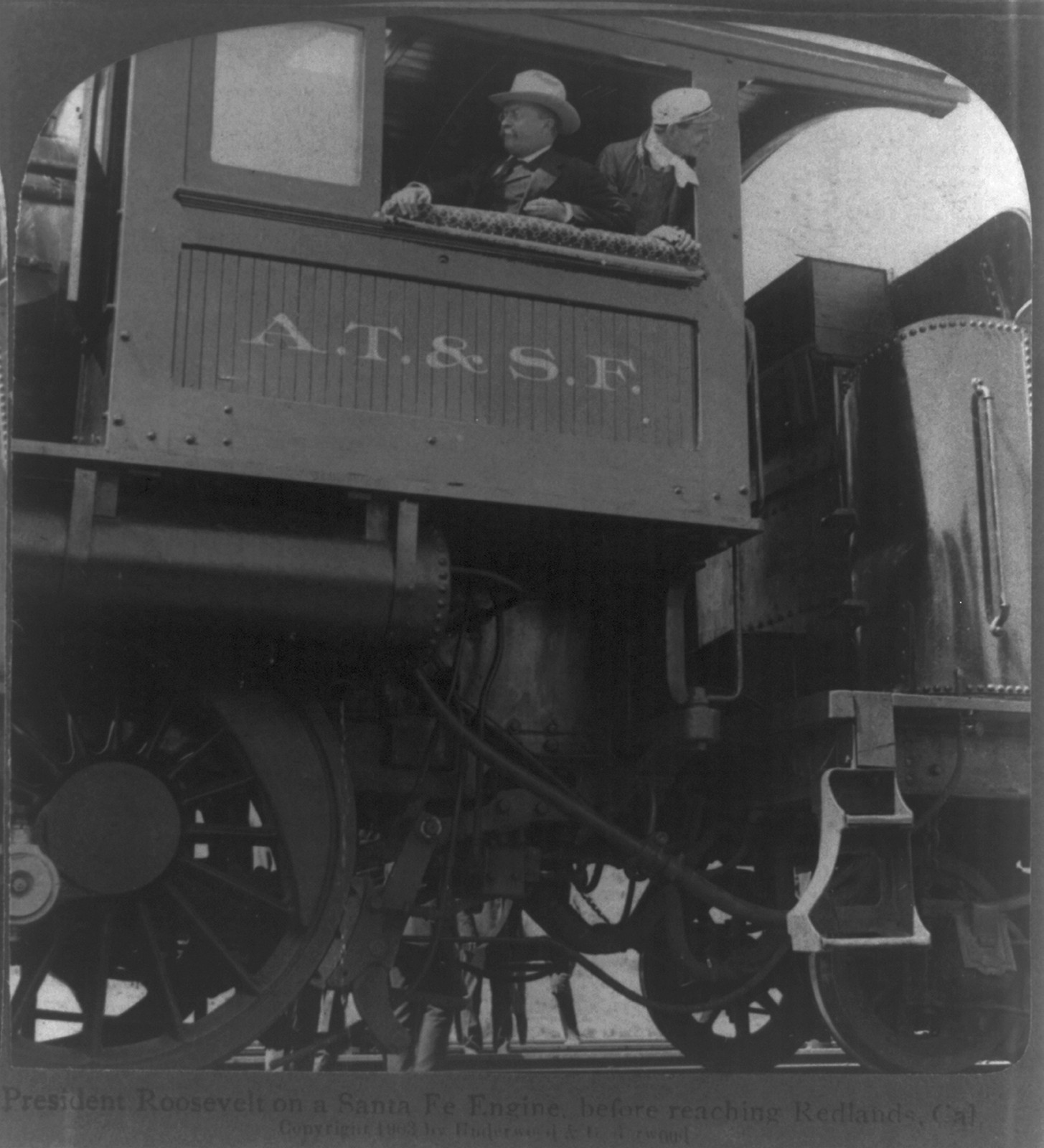 President Roosevelt on a Santa Fe engine before reaching Redlands Cal., 1903 — historic photograph