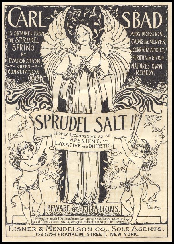 Carlsbad Sprudel Salt advertisement with winged angel and cherubs — historic image