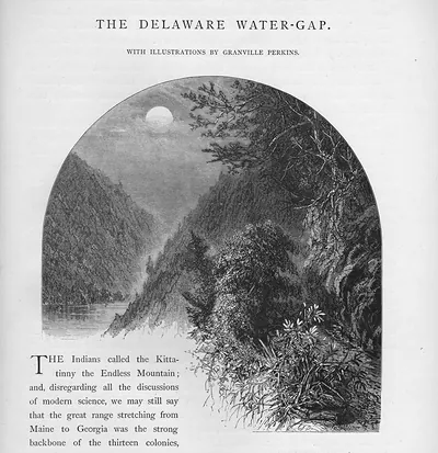 The Delaware Water-Gap, wood engraving of moonlit river valley