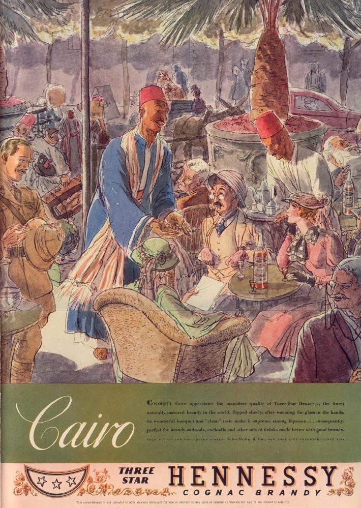 Cairo café scene advertising Three Star Hennessy cognac brandy — historic image