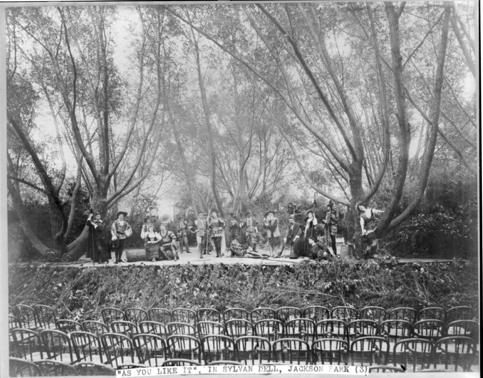As You Like It in Sylvan Dell, Jackson Park, [Chicago. Actors and actresses posed during a dress rehearsal (?)], c1893. — historic photograph