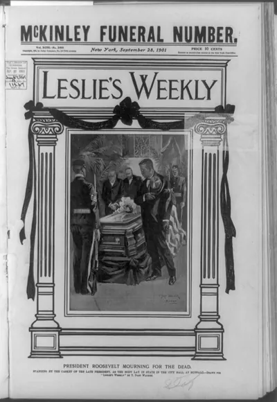 President Roosevelt mourning for the dead. Standing by the casket of the late president, as the body lay in state in the City Hall at Buffalo / T. Dart Walker.