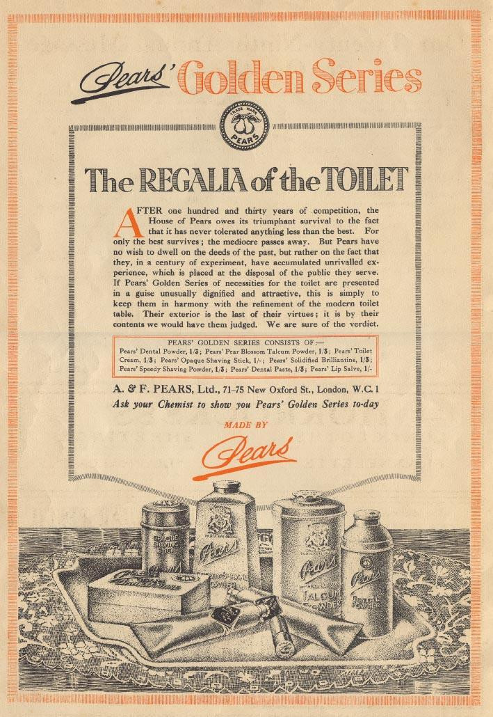 Pears' Golden Series toiletries advertisement, The Regalia of the Toilet — historic image