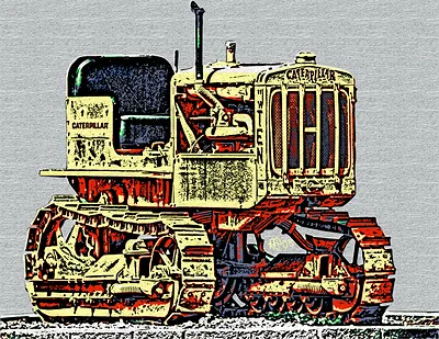 Woodcut-style print of a Caterpillar crawler tractor