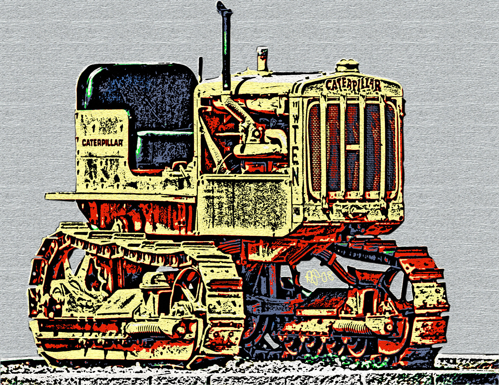 Woodcut-style print of a Caterpillar crawler tractor — historic print