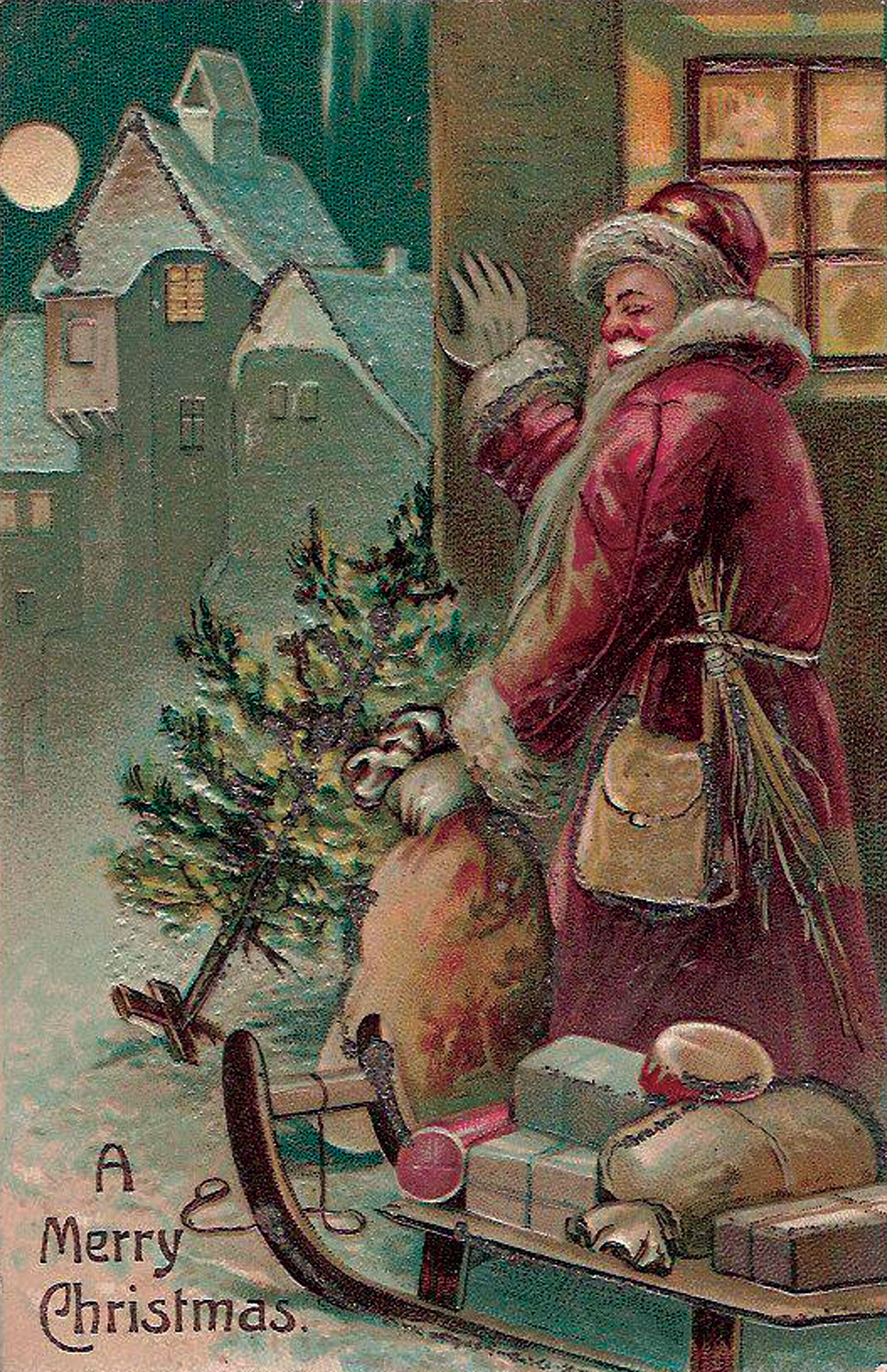 A Merry Christmas postcard with Santa and sled — vintage postcard