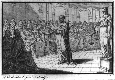 Socrates standing before seated group of men; figure of Justice stands behind him
