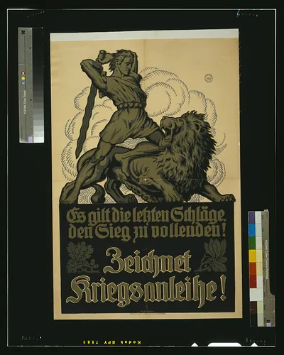 WWI German war loan poster showing warrior fighting lion