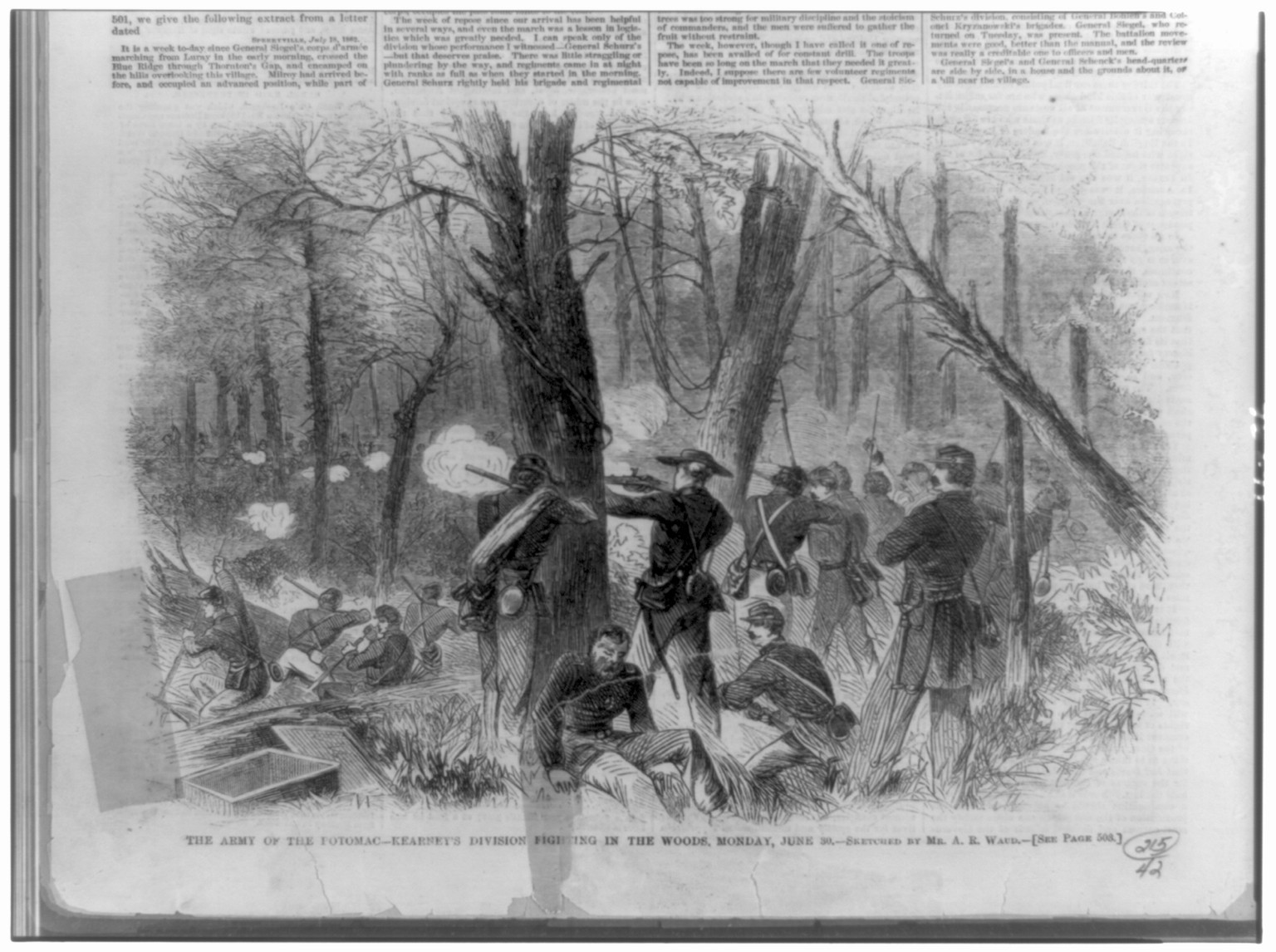 The Army of the Potomac--Kearney's division fighting in the woods, Monday, June 30 / sketched by A.R. Waud., [1862?] — antique engraving