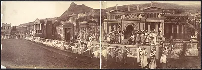 Panoramic photograph of a classical theatrical spectacle with costumed performers