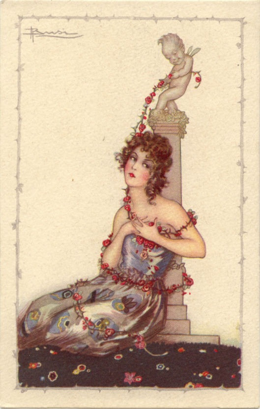 Woman with roses beneath a cupid statue — historic image