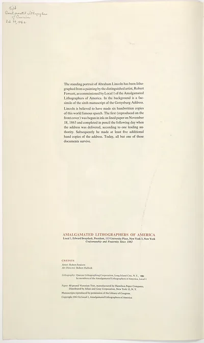 Text sheet on Lincoln portrait and Gettysburg Address manuscript copies