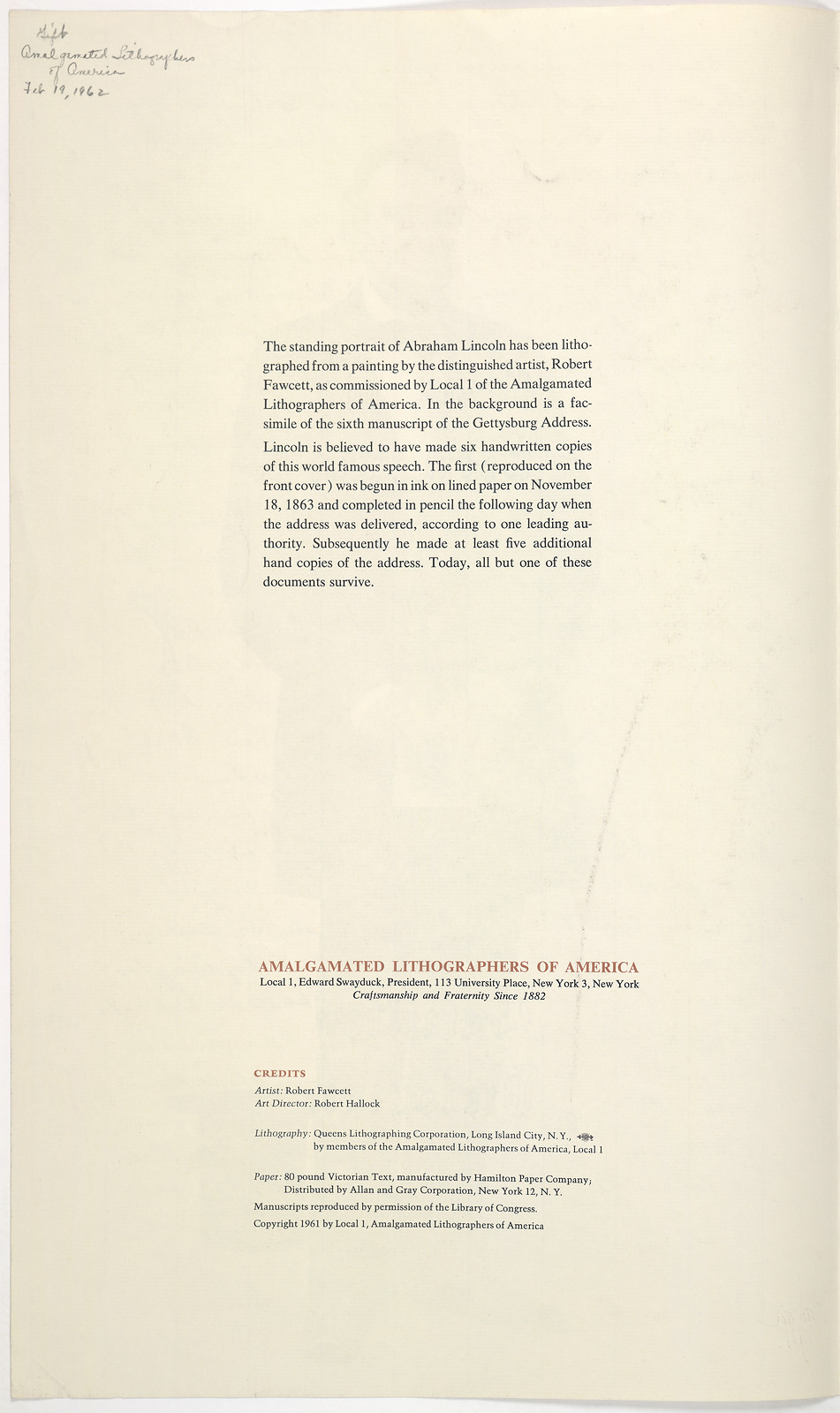 Text sheet on Lincoln portrait and Gettysburg Address manuscript copies — historic image