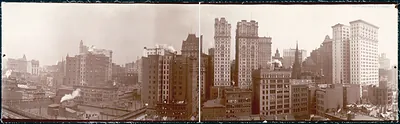 Panoramic sepia photograph of downtown skyscrapers, early 1900s
