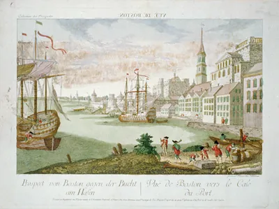 Vuë de Boston. Prospect von Boston gegen der Bucht am Hasen Vuë de Boston vers le Cale du Port / gravé par Francois Xav. Habermann.