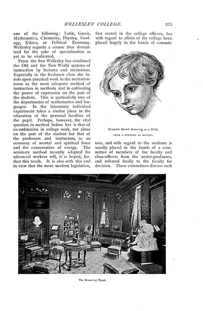 Magazine page: Wellesley College text, Browning portrait and Browning Room
