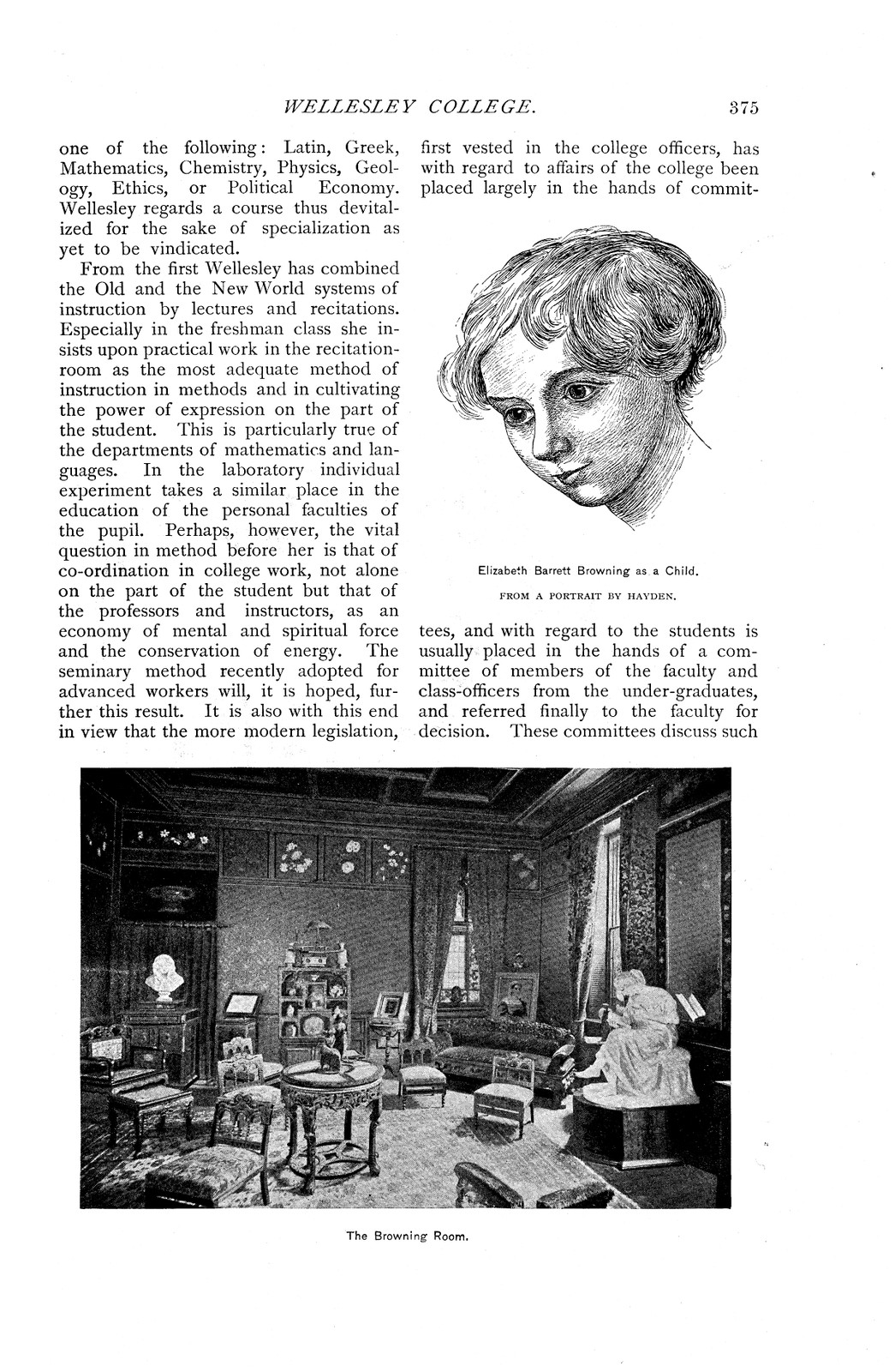 Magazine page: Wellesley College text, Browning portrait and Browning Room — antique map