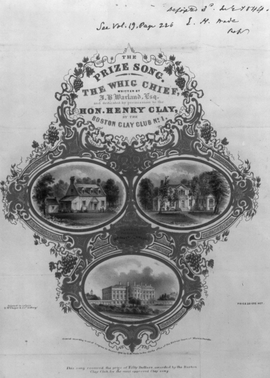 The Prize Song, The Whig Chief"...dedicated...to Henry Clay No. 1", c1844. — antique lithograph