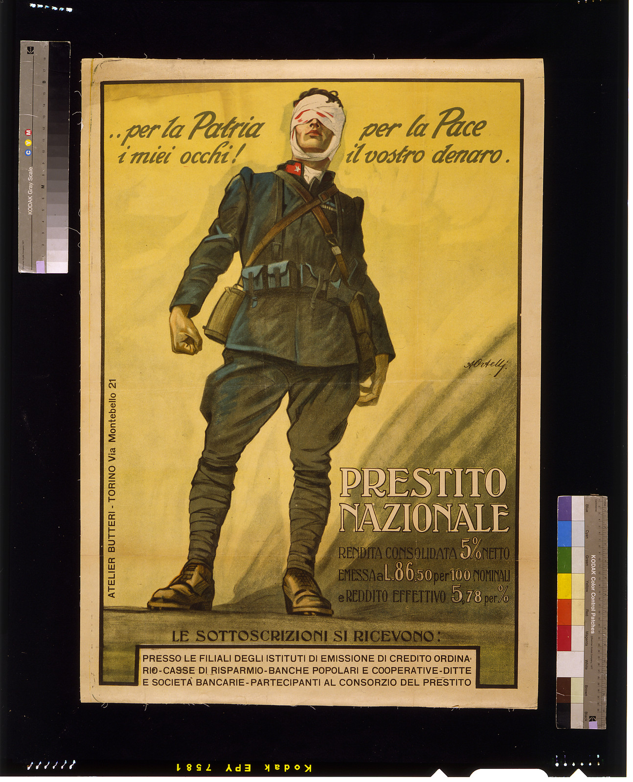 Per la Patria i mieli occhi! Per la Pace il vosto denaro. Prestito Nazionale / A. Ortelli., 1918 — vintage poster
